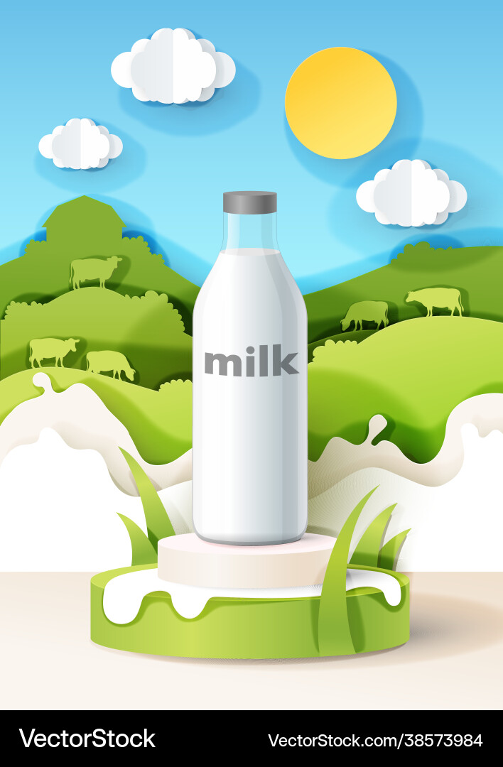 Milk bottle mockup on podium paper cut fields Milk bottle mockup on podium paper cut fields vector image