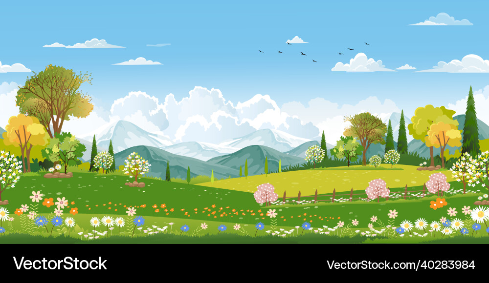 Seamless pattern spring field with fluffy cloud vector image