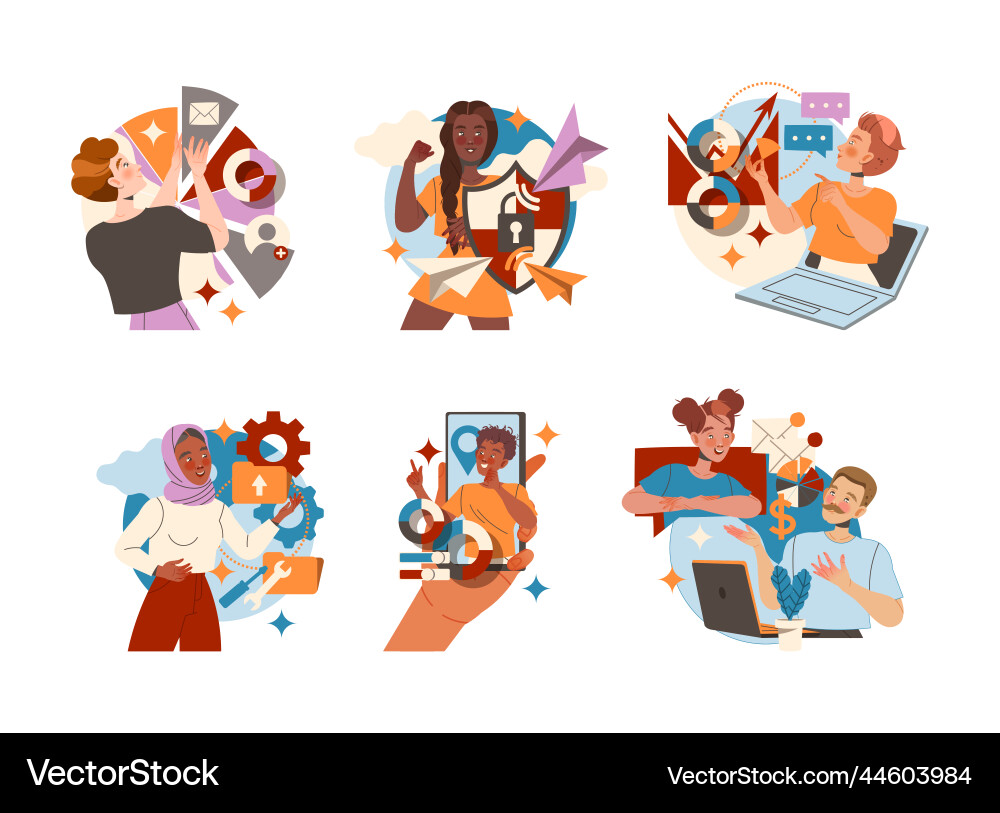 Smiling people character working with information Smiling people character working with information Vector Image