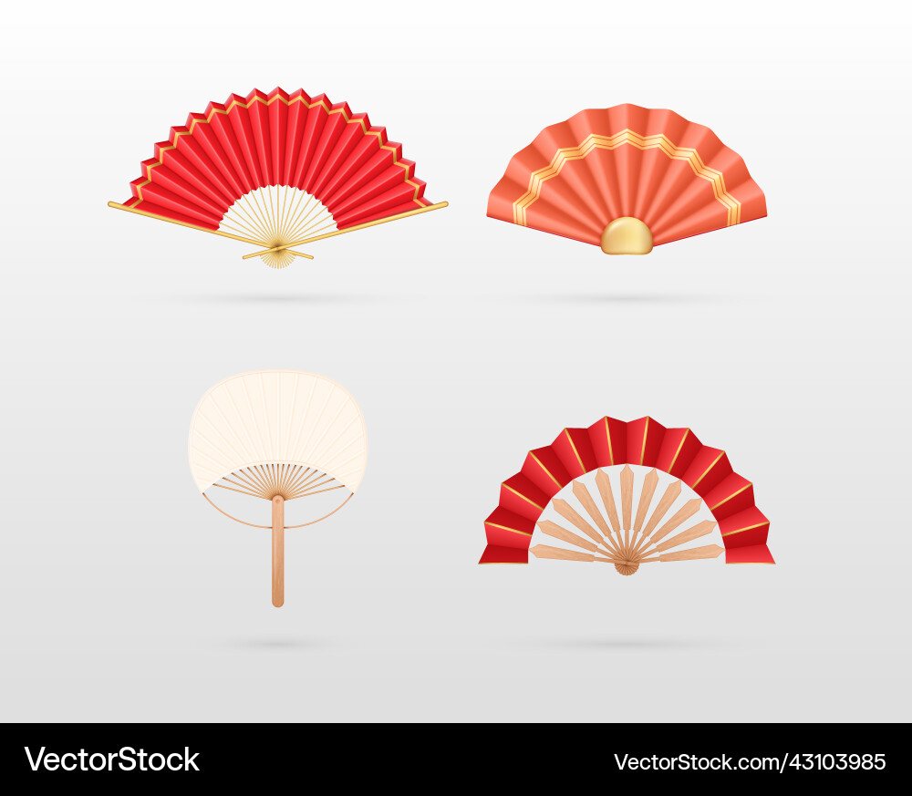 Realistic detailed 3d asian fans set symbol Realistic detailed 3d asian fans set symbol vector image