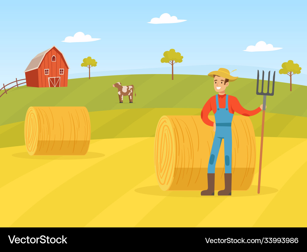 Farmer with Pitchfork in Haystack vector image