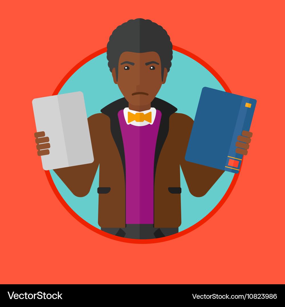 Man choosing between book and tablet computer vector image