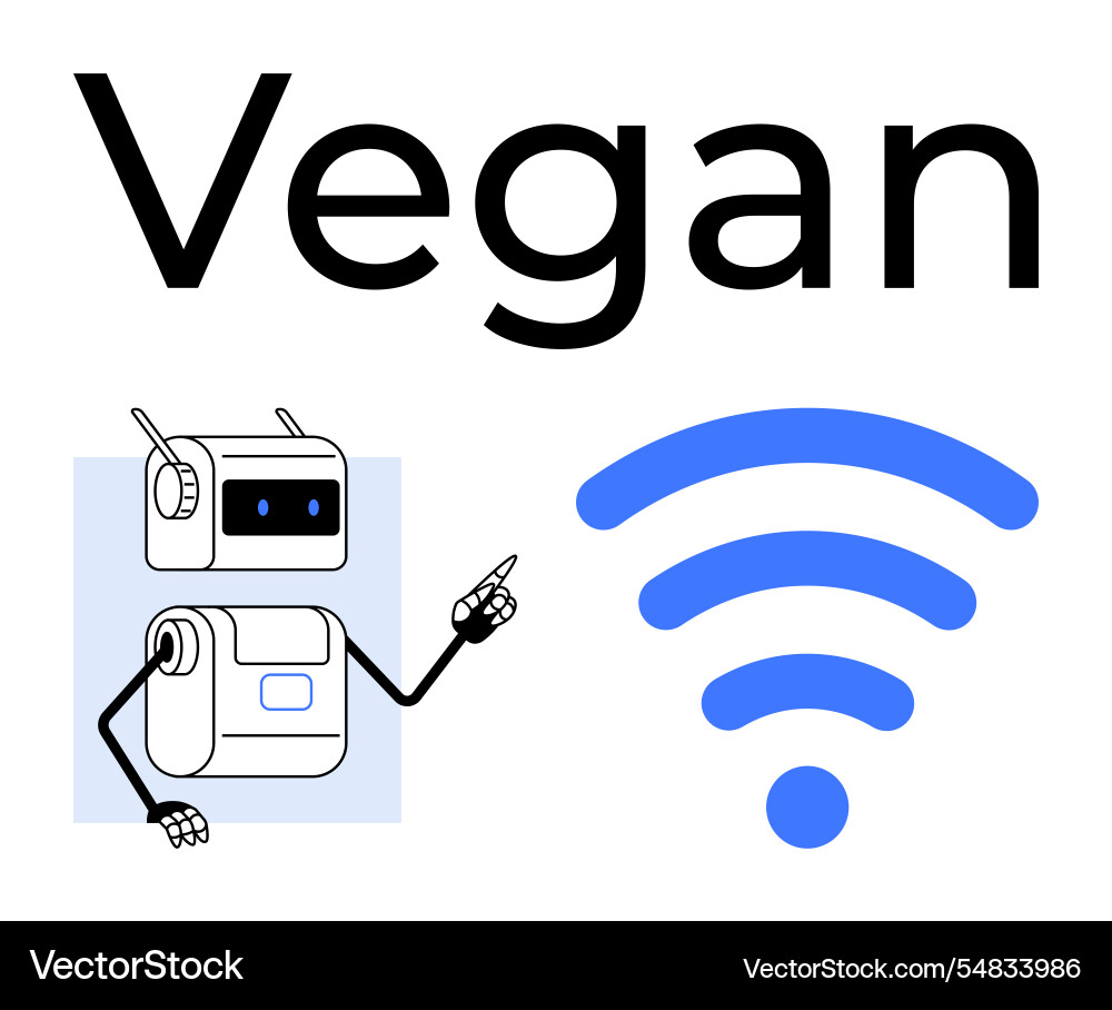 Robot pointing at wireless symbol below vegan text Vector Image