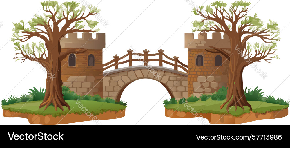 Rustic stone bridge connecting two tree-covered Vector Image
