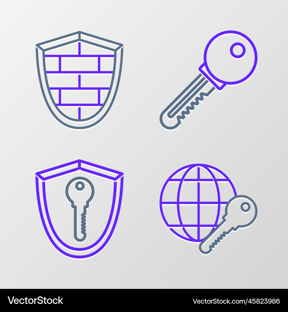 Set line globe key shield with and cyber Set line globe key shield with and cyber vector image