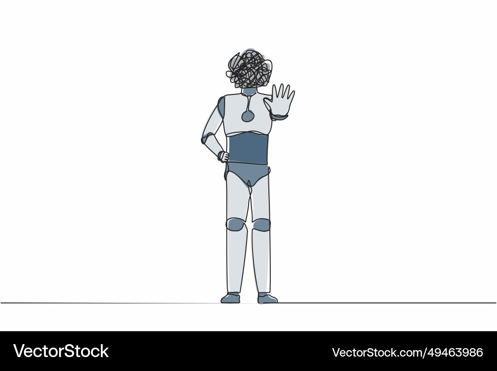 Single one line drawing robot with round Single one line drawing robot with round vector image