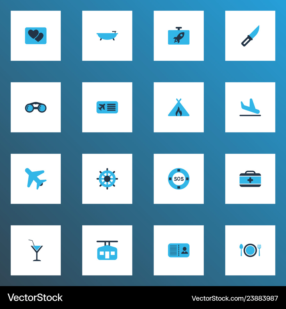 Journey icons colored set with flask airplane Vector Image