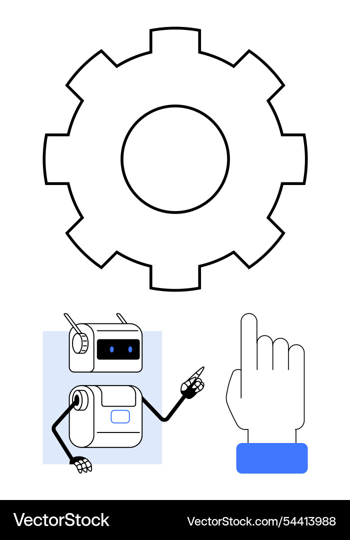 Robot pointing with gear and hand cursor Robot pointing with gear and hand cursor vector image
