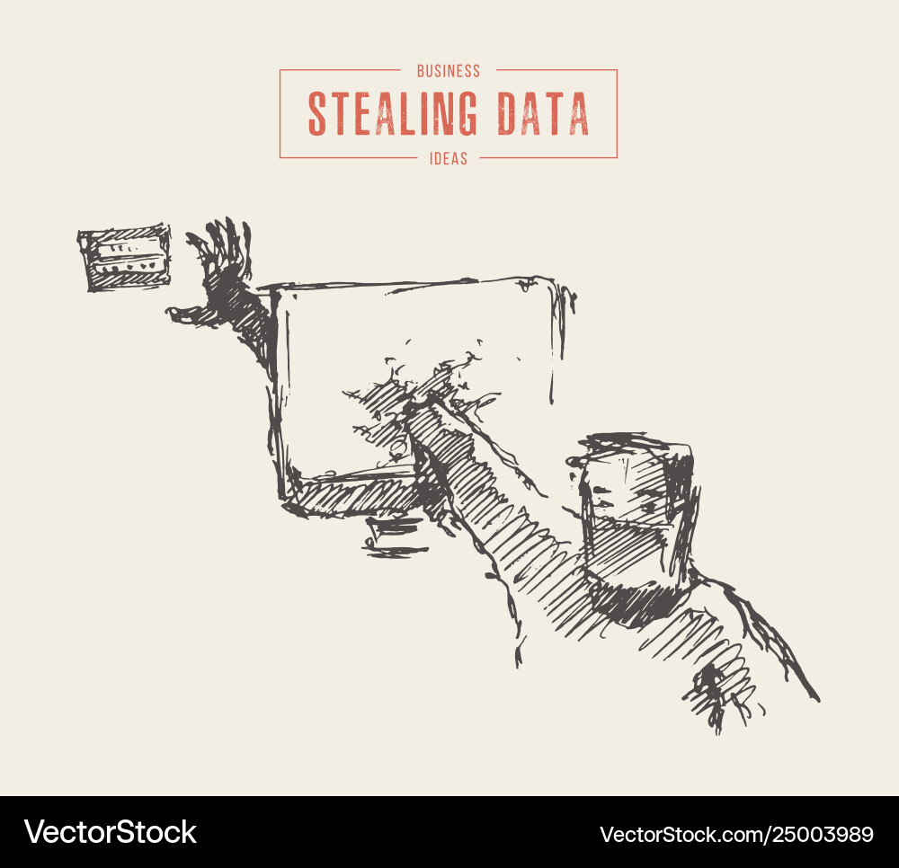 Hacker steals data computer cybercrime draw Hacker steals data computer cybercrime draw vector image