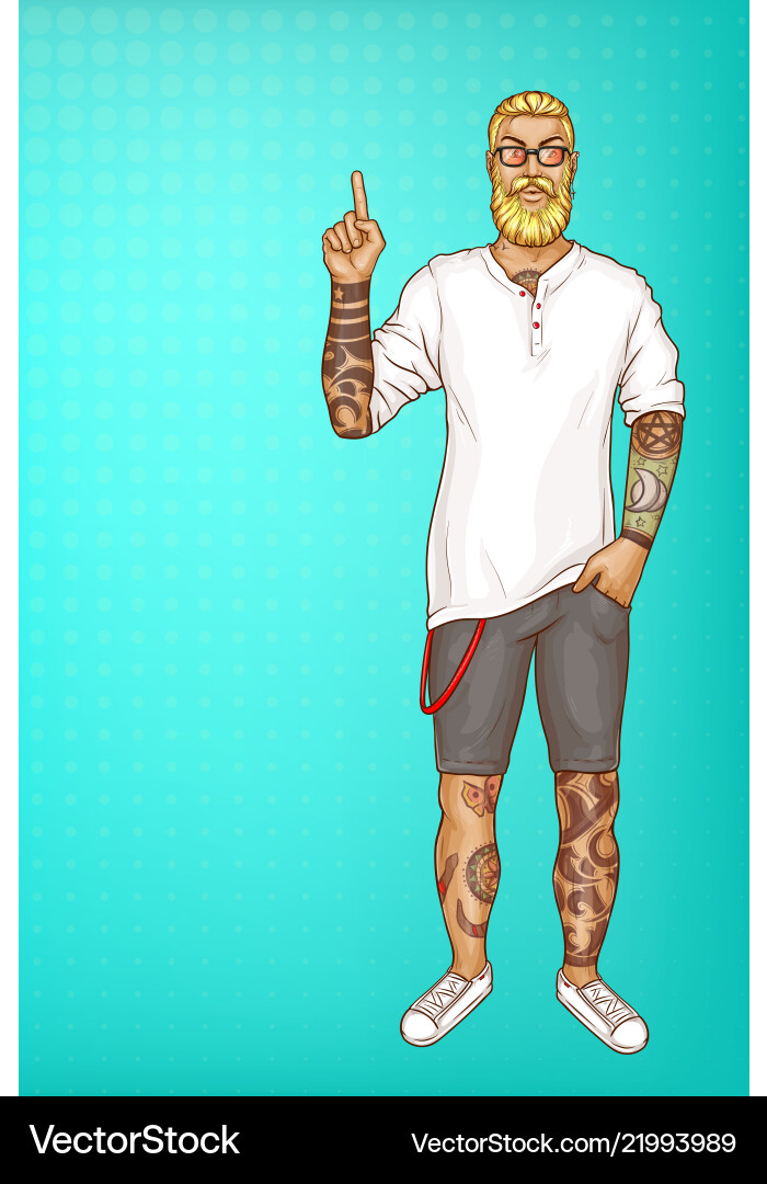 Pop art tattooed bearded man points vector image