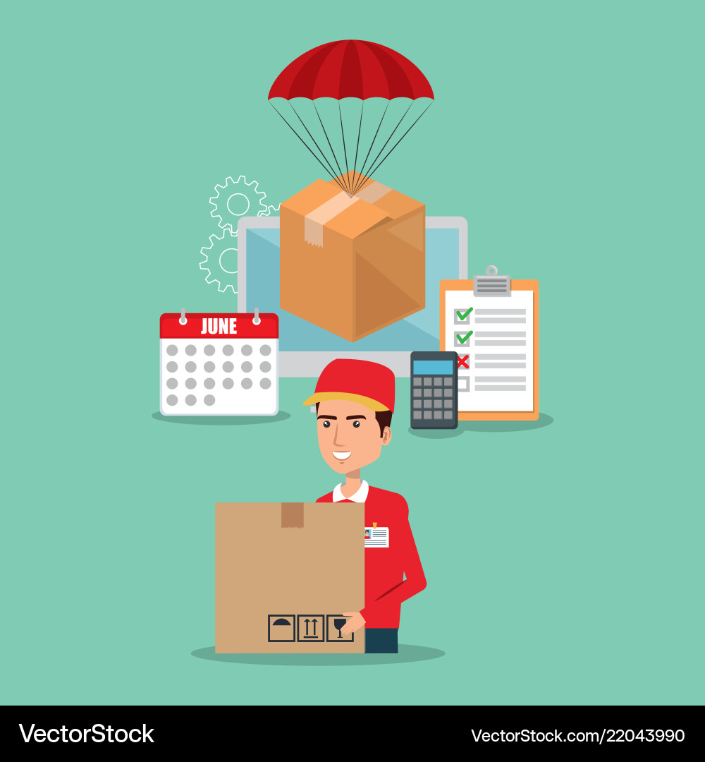 Delivery service worker with computer vector image