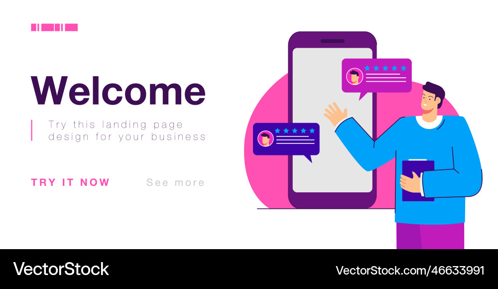 Man with feedback review from clients on screen Vector Image