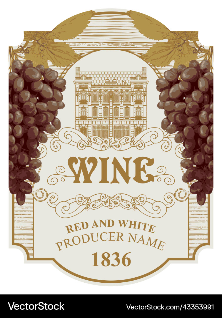 Wine label with bunches of grape and old building Wine label with bunches of grape and old building vector image