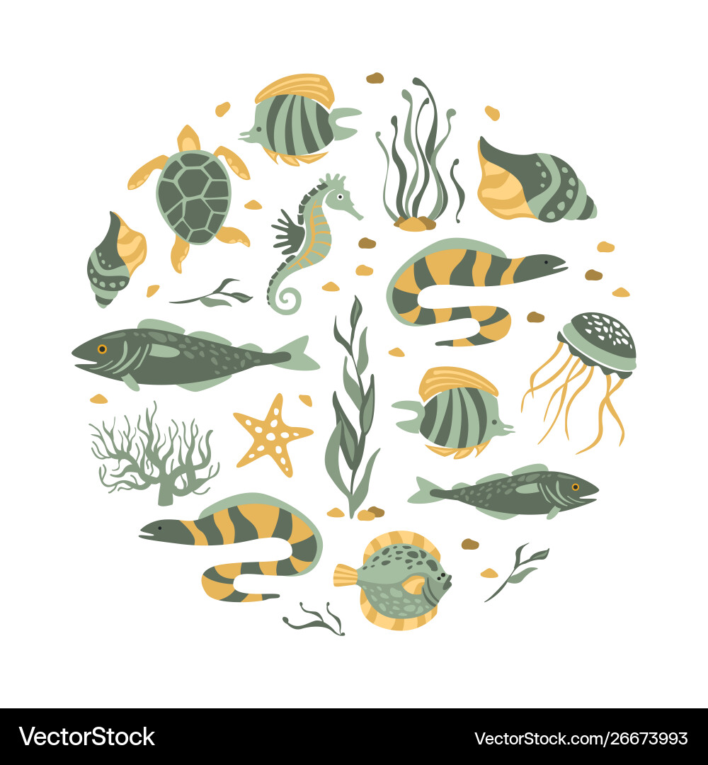 Sea creatures seamless pattern round shape Sea creatures seamless pattern round shape Vector Image