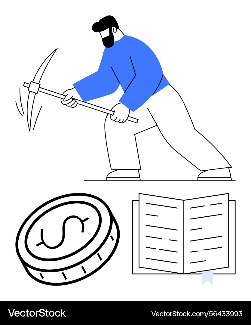 Worker mining with pickaxe beside symbols Vector Image