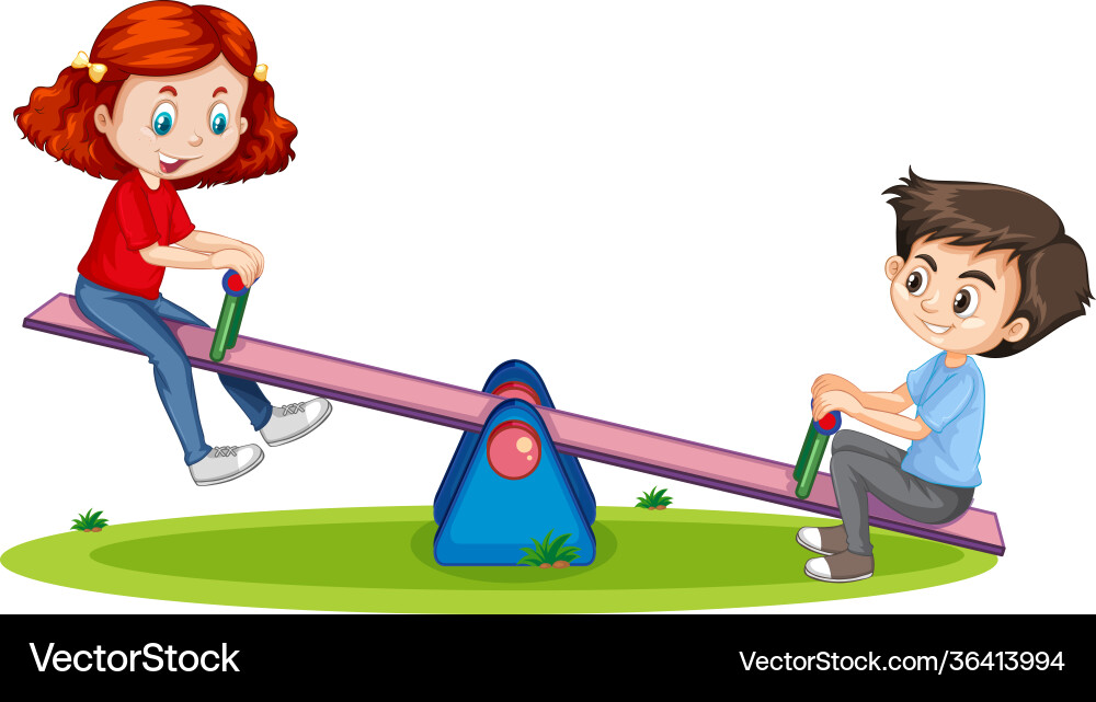 Cartoon character boy and girl playing seesaw Cartoon character boy and girl playing seesaw vector image