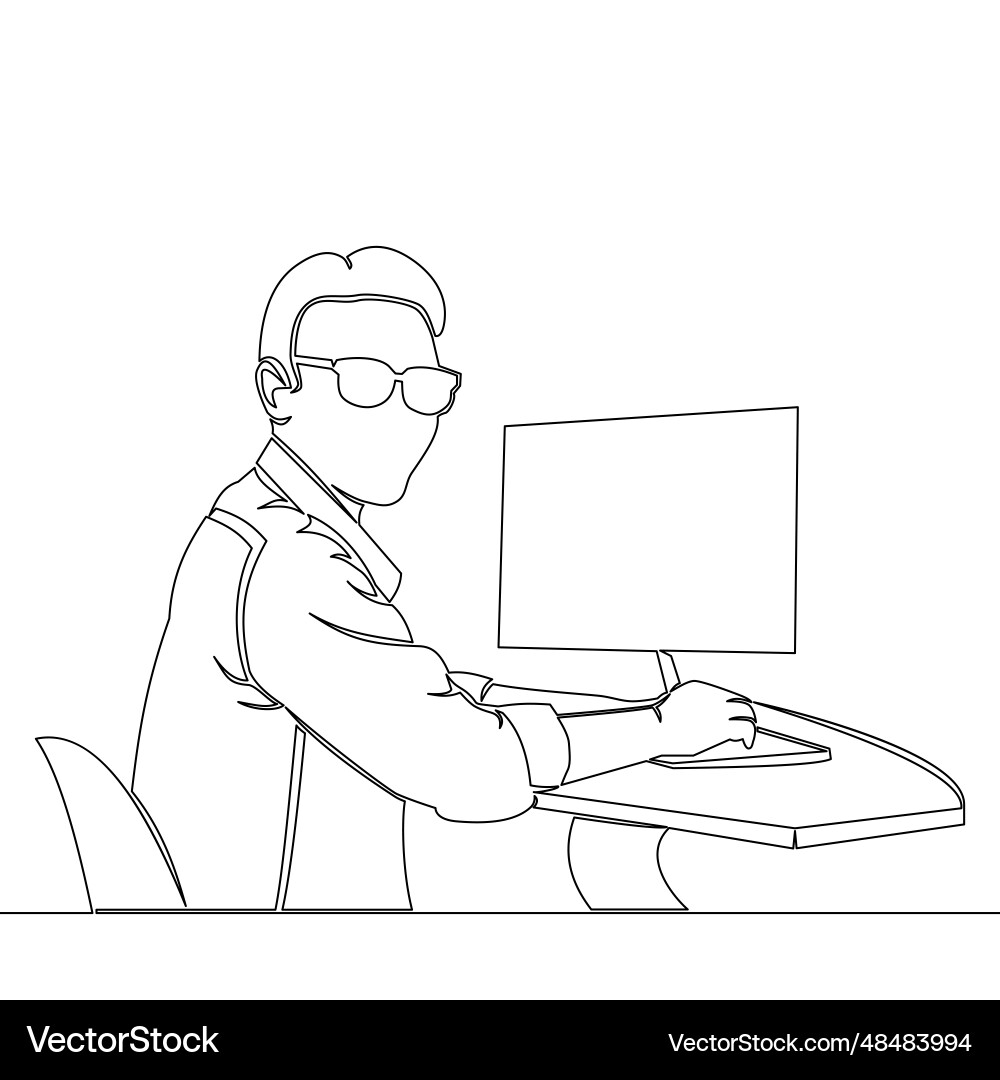Continuous Line Man Arbeiten am Computer Vektorbild
