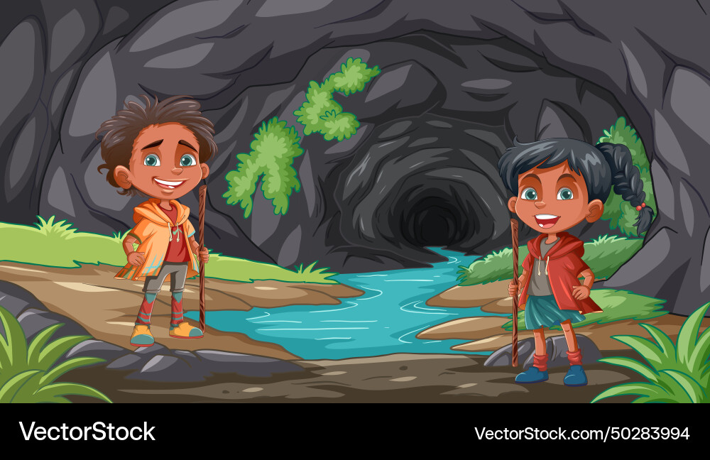 Two children ready for an adventure near a cave Two children ready for an adventure near a cave vector image