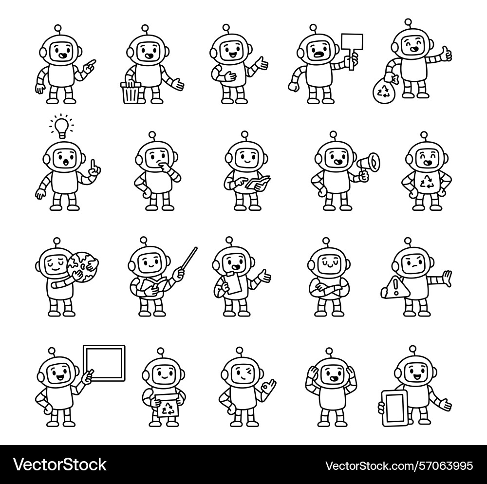 Robot guide character set showing different Robot guide character set showing different vector image