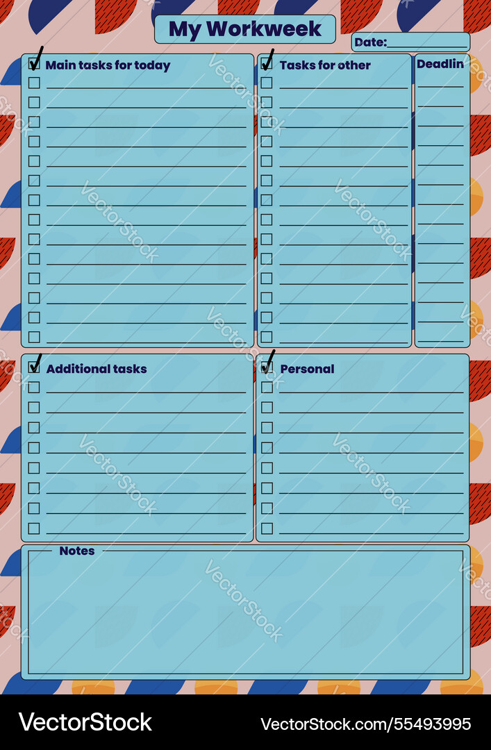 Weekly task work planner with checklist and notes Weekly task work planner with checklist and notes Vector Image