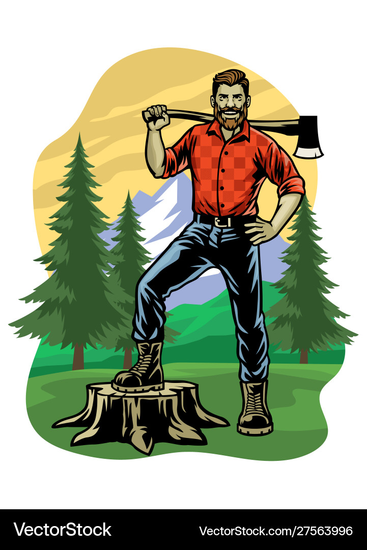 Lumberjack pose on logging forest Royalty Free Vector Image