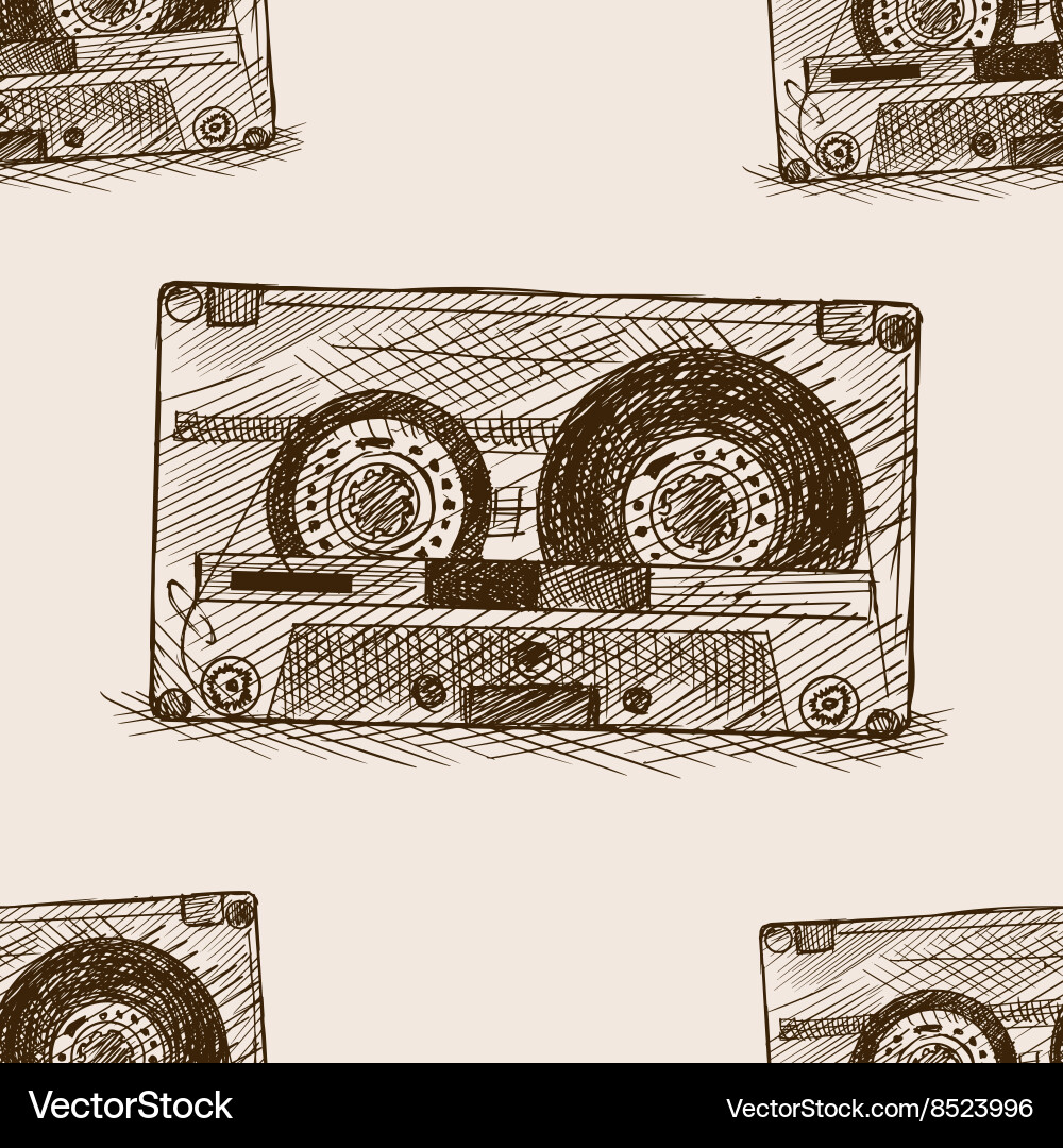 Retro Audio Cassette Sketch Pattern Vector Image