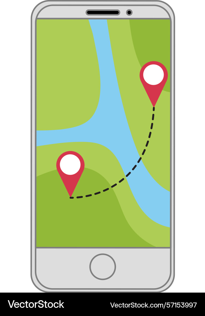 A smartphone displaying map with location pins A smartphone displaying map with location pins vector image