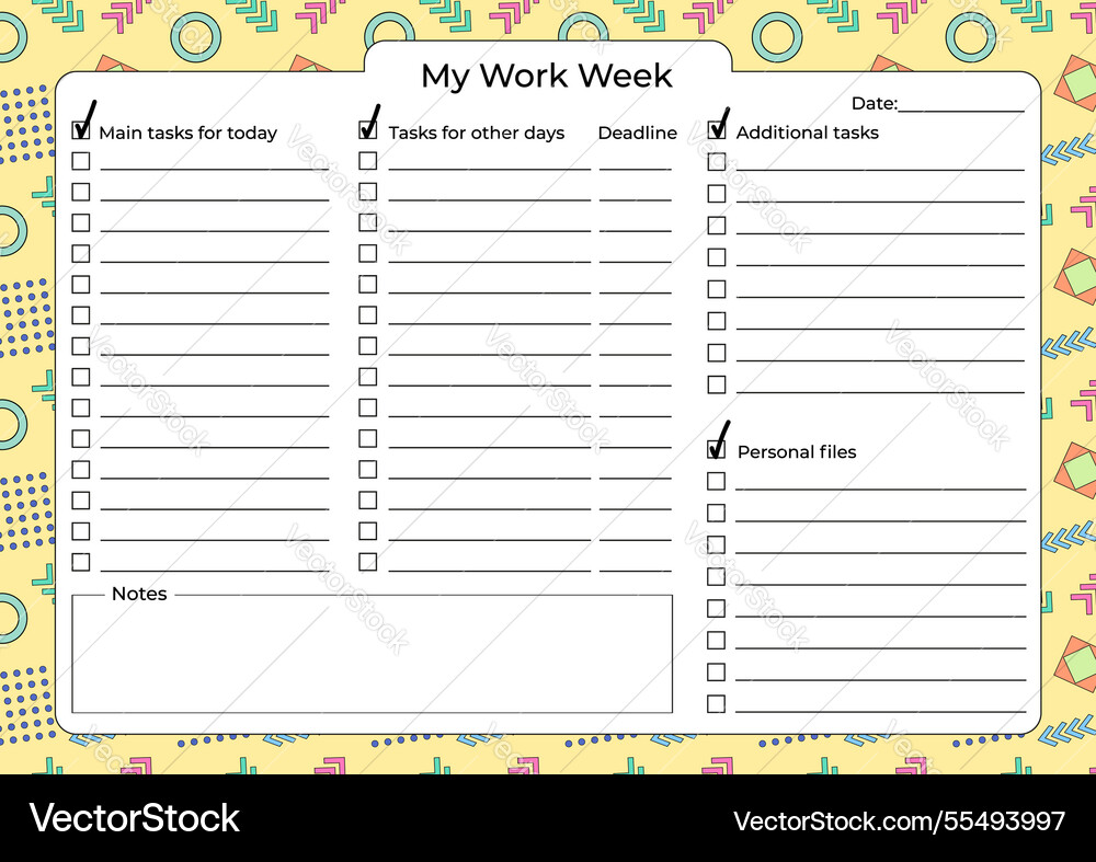 Weekly work planner with task checklist and notes Vector Image