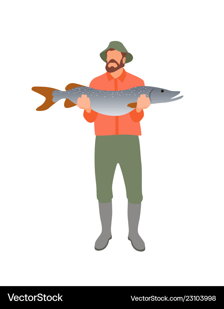 Fisher with huge catch isolated on white poster Fisher with huge catch isolated on white poster vector image