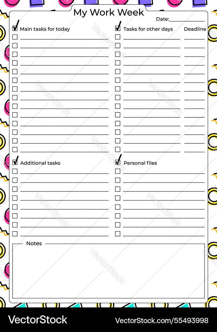 Workweek task planner template with checkboxes Workweek task planner template with checkboxes Vector Image