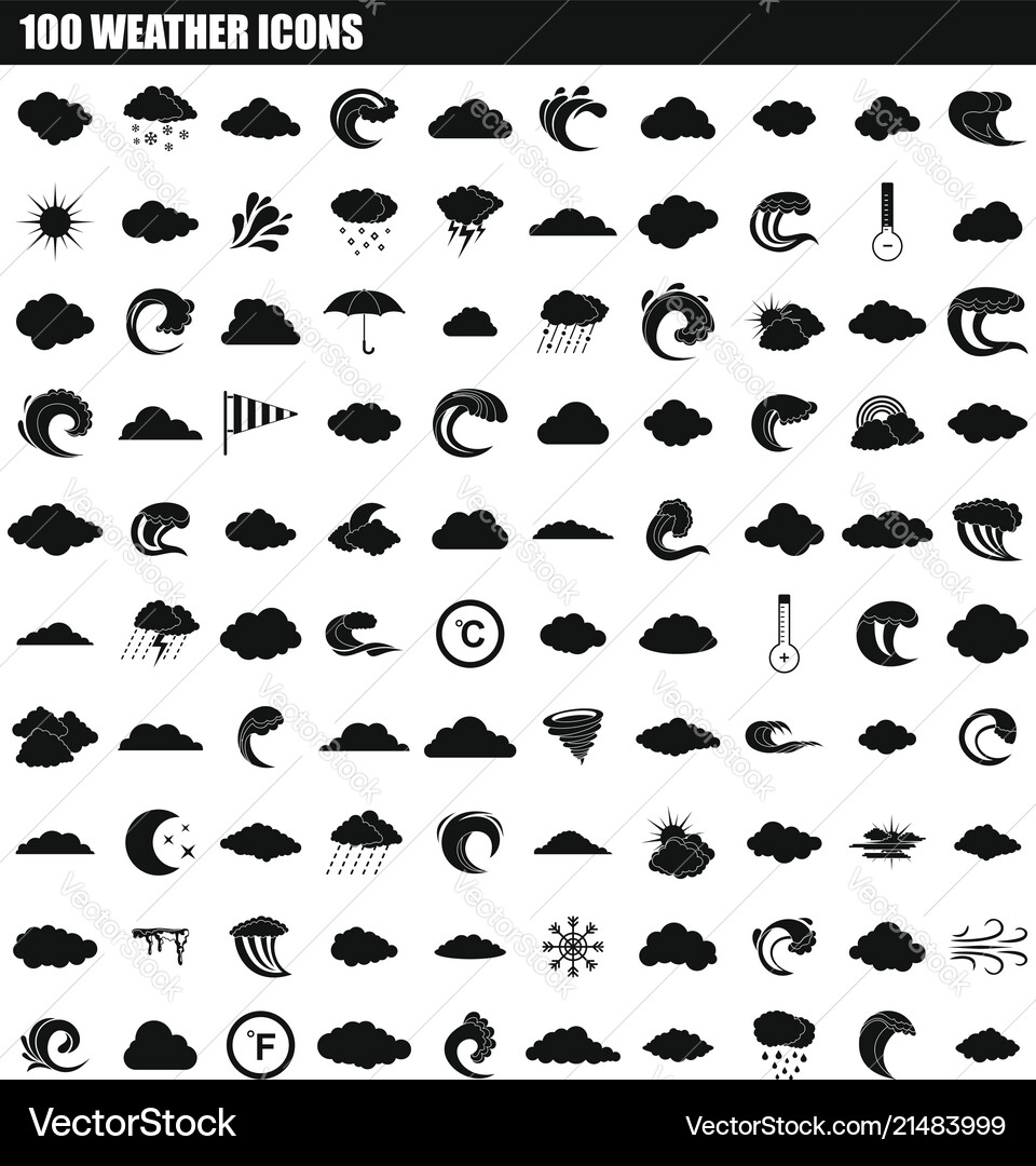 100 weather icon set simple style 100 weather icon set simple style vector image