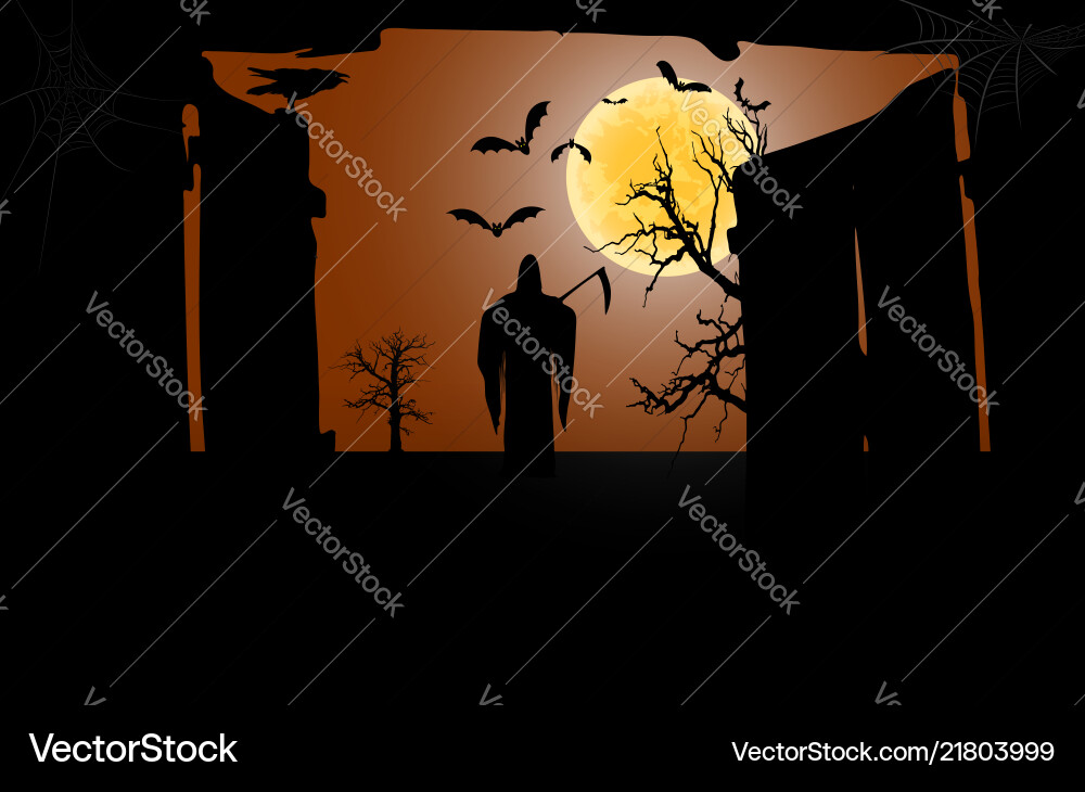Death with a scythe in front of an open gate Death with a scythe in front of an open gate Vector Image