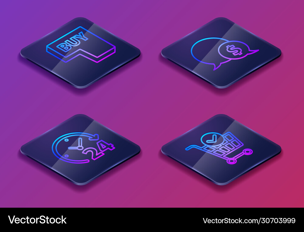 Set isometric line buy button clock 24 hours Set isometric line buy button clock 24 hours vector image