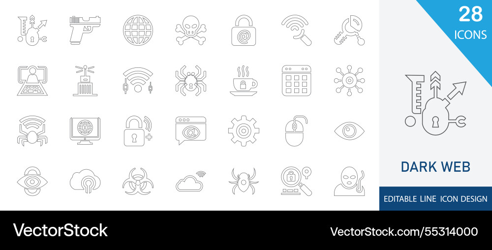 Dark web editable line icon set vector image
