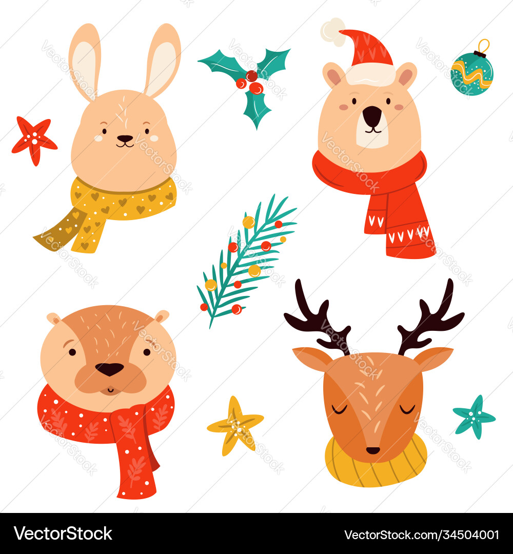 Cute Winter Animals Christmas Set Vector Image