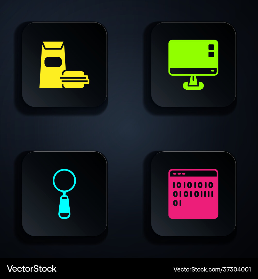 Set binary code burger magnifying glass Set binary code burger magnifying glass Vector Image