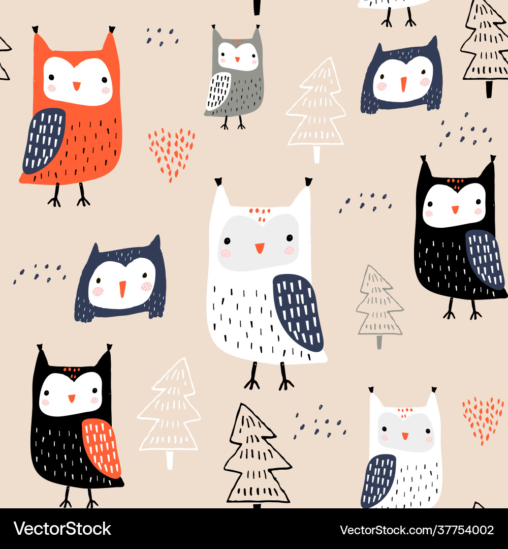 Seamless pattern with owls and trees creative Seamless pattern with owls and trees creative vector image