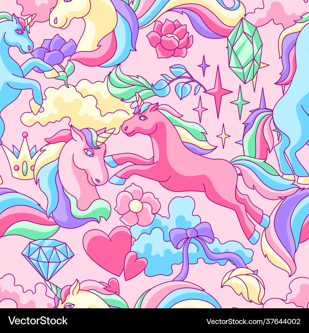 Seamless pattern with unicorns and fantasy items Seamless pattern with unicorns and fantasy items vector image