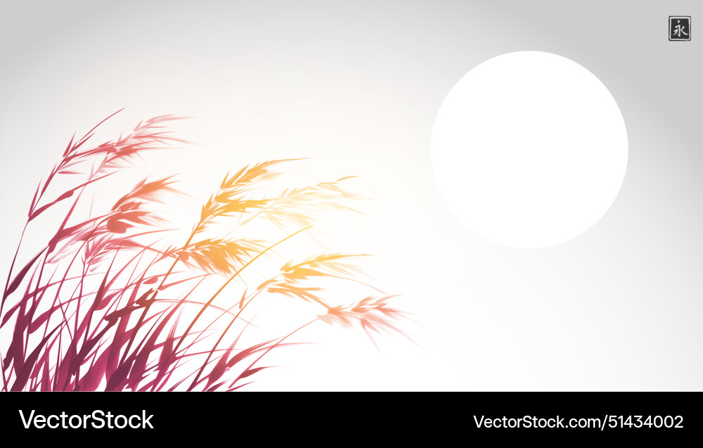 Tintenmalerei von rotem Gras auf dem Wind und Sonnenaufgang Tintenmalerei von rotem Gras auf dem Wind und Sonnenaufgang vektorbild