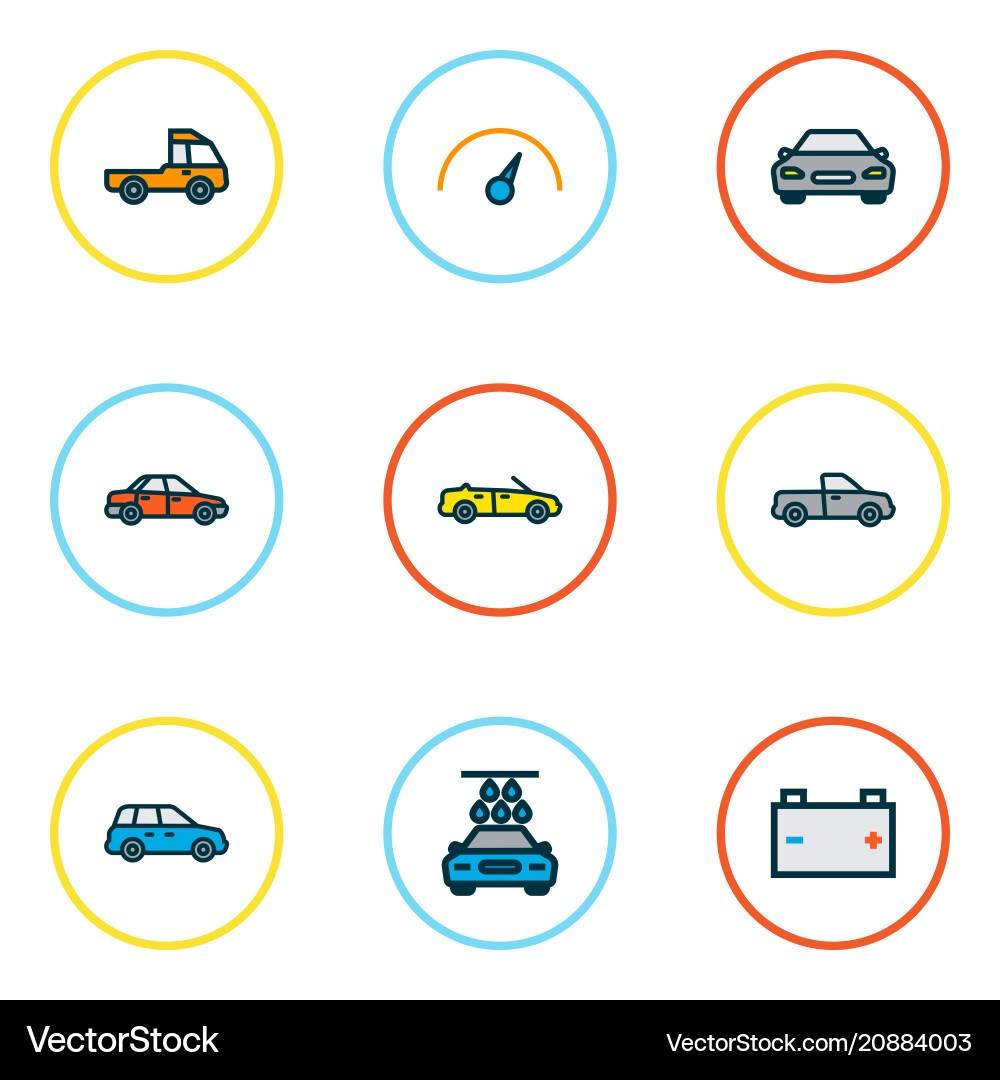 Car icons colored line set with speedometer Car icons colored line set with speedometer vector image