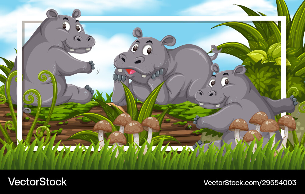 Frame design with cute hippos on log Frame design with cute hippos on log vector image