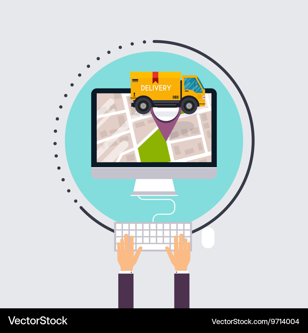 Man uses computer with app delivery tracking vector image