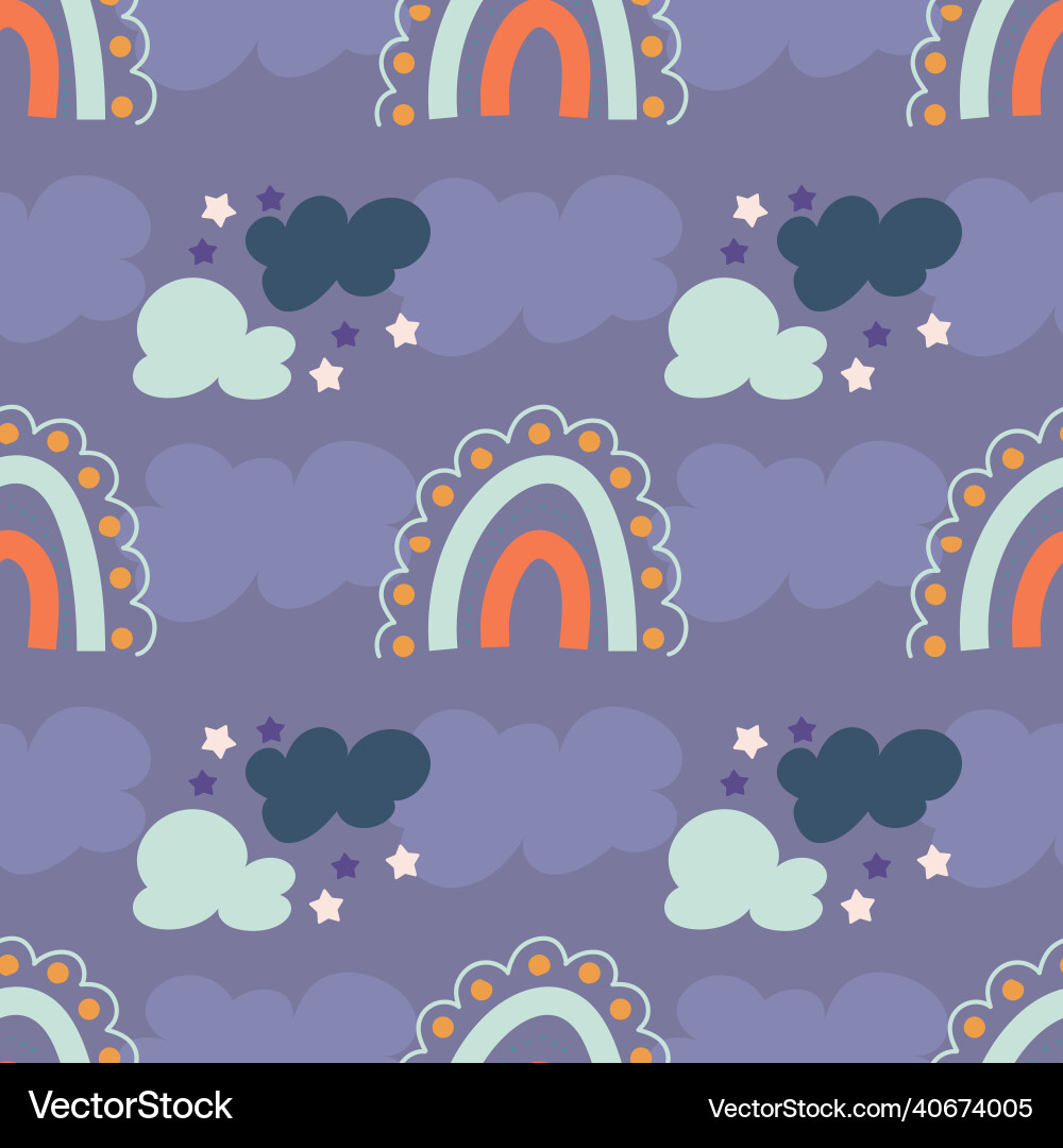 Seamless pattern with rainbows clouds and stars Seamless pattern with rainbows clouds and stars Vector Image