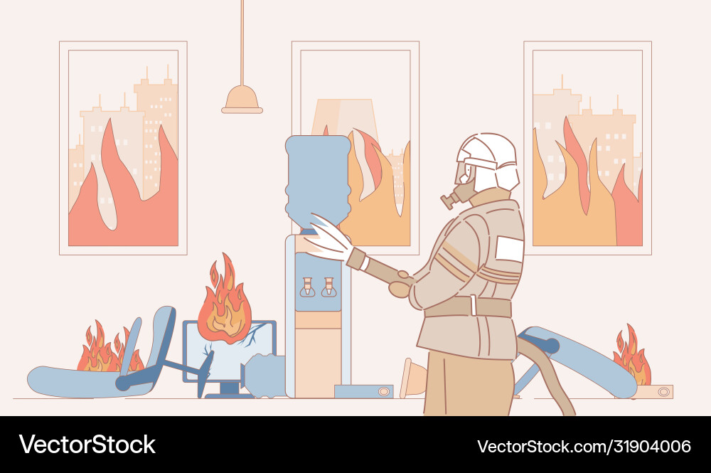 Fireman with fire extinguisher extinguish vector image