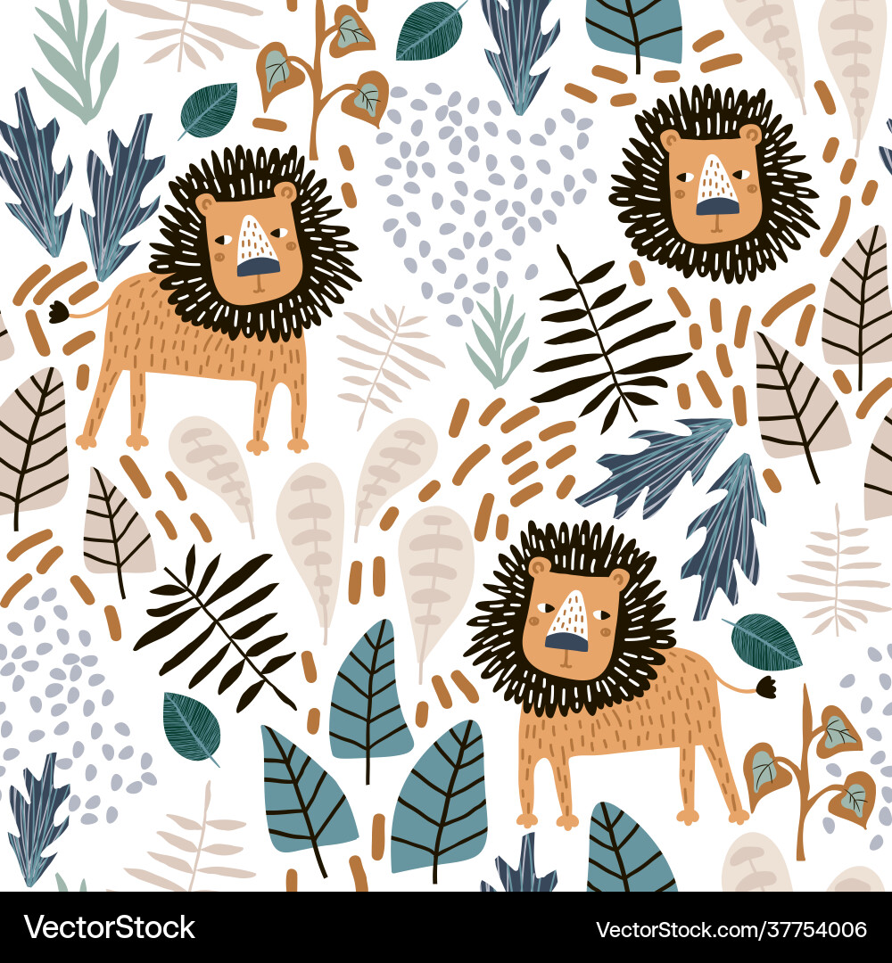 Seamless jungle pattern with lions and tropical Seamless jungle pattern with lions and tropical vector image