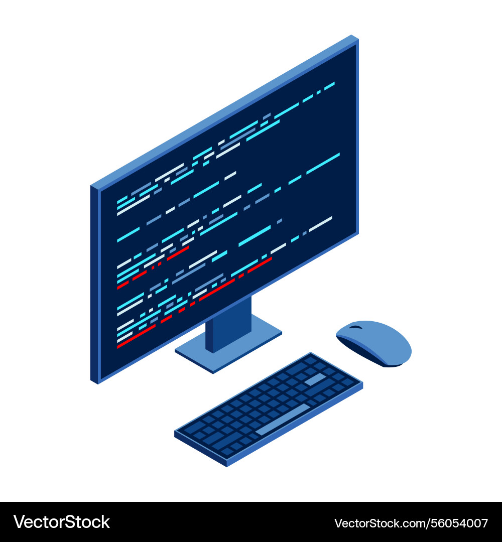 Isometric monitor with program code on screen Vector Image