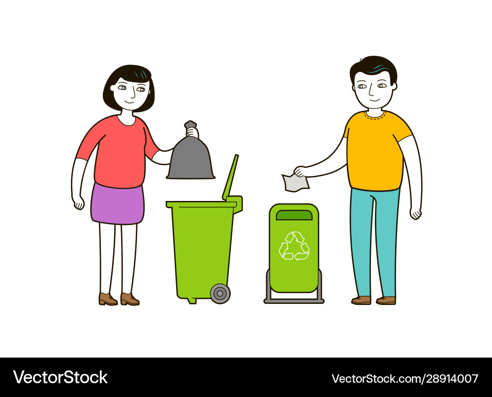 People throw trash in a garbage container People throw trash in a garbage container vector image