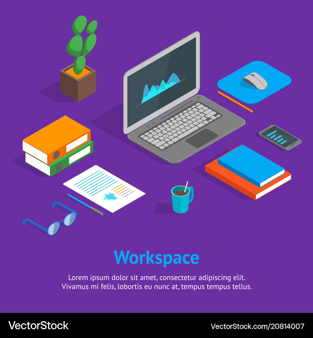 Workspace concept and elements 3d isometric view Vector Image