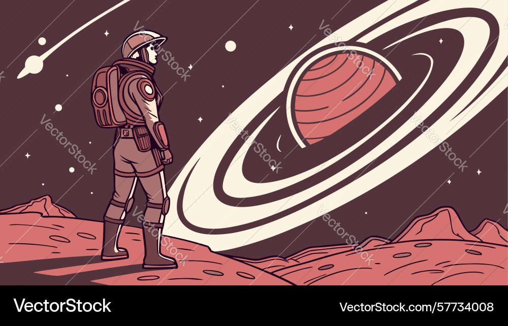 Astronaut exploring an alien planet with ringed vector image