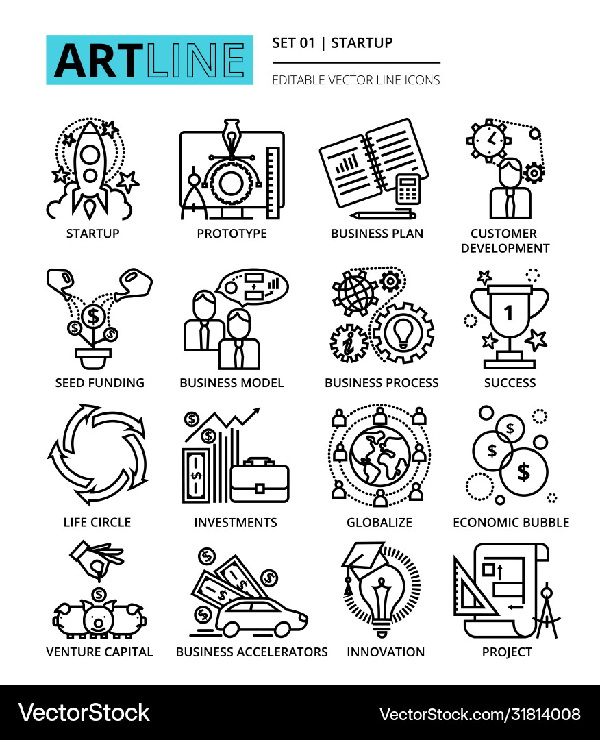 Modern editable line icons set startup project vector image